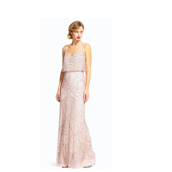 ADRIANNA PAPELL Art Deco Beaded Blouson Gown NWT Blush Gold